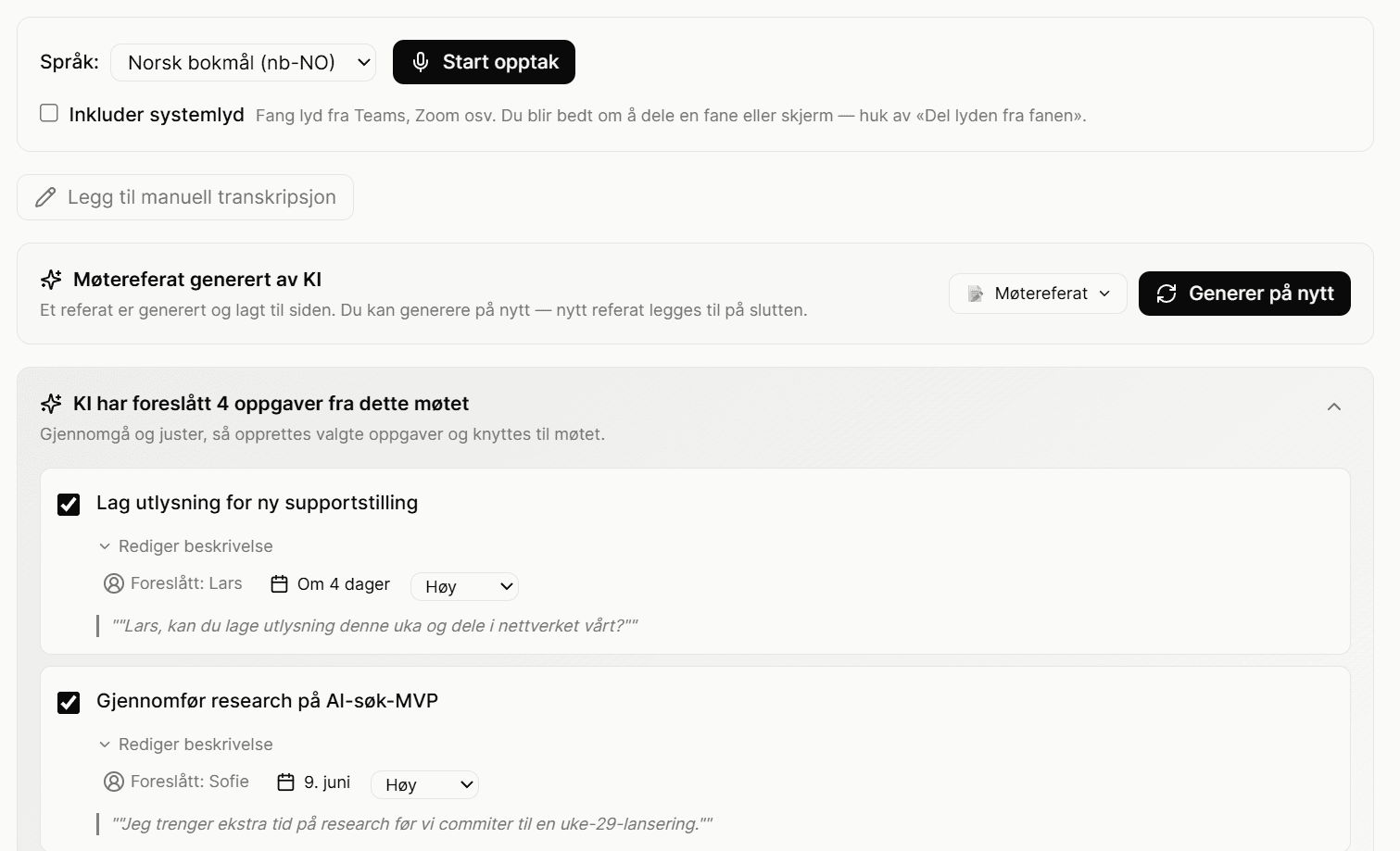 Screenshot of a transcribed meeting page in WorkOS — AI-generated summary at the top, action items listed below, assignments to team members visible