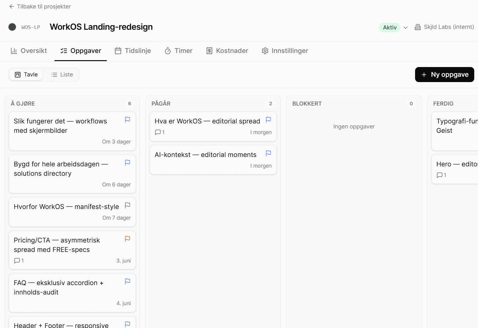 Screenshot of the project board for WorkOS Landing-redesign — tasks distributed across the columns To do, In progress, Blocked and Done, with priority flags and comment indicators