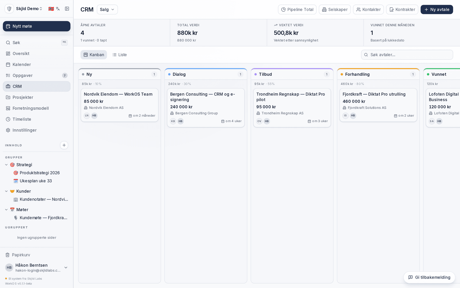 WorkOS CRM med salgspipeline og avtaler